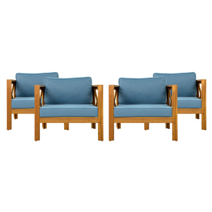 Outdoor Acacia Wood Club Wooden Armchair with Cushions (Set of 2), Conversation Set,Teak Finish,Blue cushion