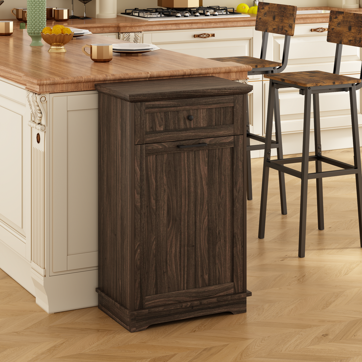 10 Gallon Tilt Out Trash Cabinet Freestanding Trash Bin Cabinet Wood Garbage Recycling Cabinet with Hideaway Drawer Pet Proof Trash Can Holder for Kitchen Living Room, Antique Brown (not include can)