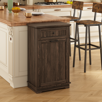 10 Gallon Tilt Out Trash Cabinet Freestanding Trash Bin Cabinet Wood Garbage Recycling Cabinet with Hideaway Drawer Pet Proof Trash Can Holder for Kitchen Living Room, Antique Brown (not include can)