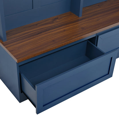 Farmhouse 4-in-1 Hall Tree with Wood Grain Bench, Mudroom Versatile Coat Rack with 2 Large Drawer, Entrance Organizer, Blue, 55.9" W