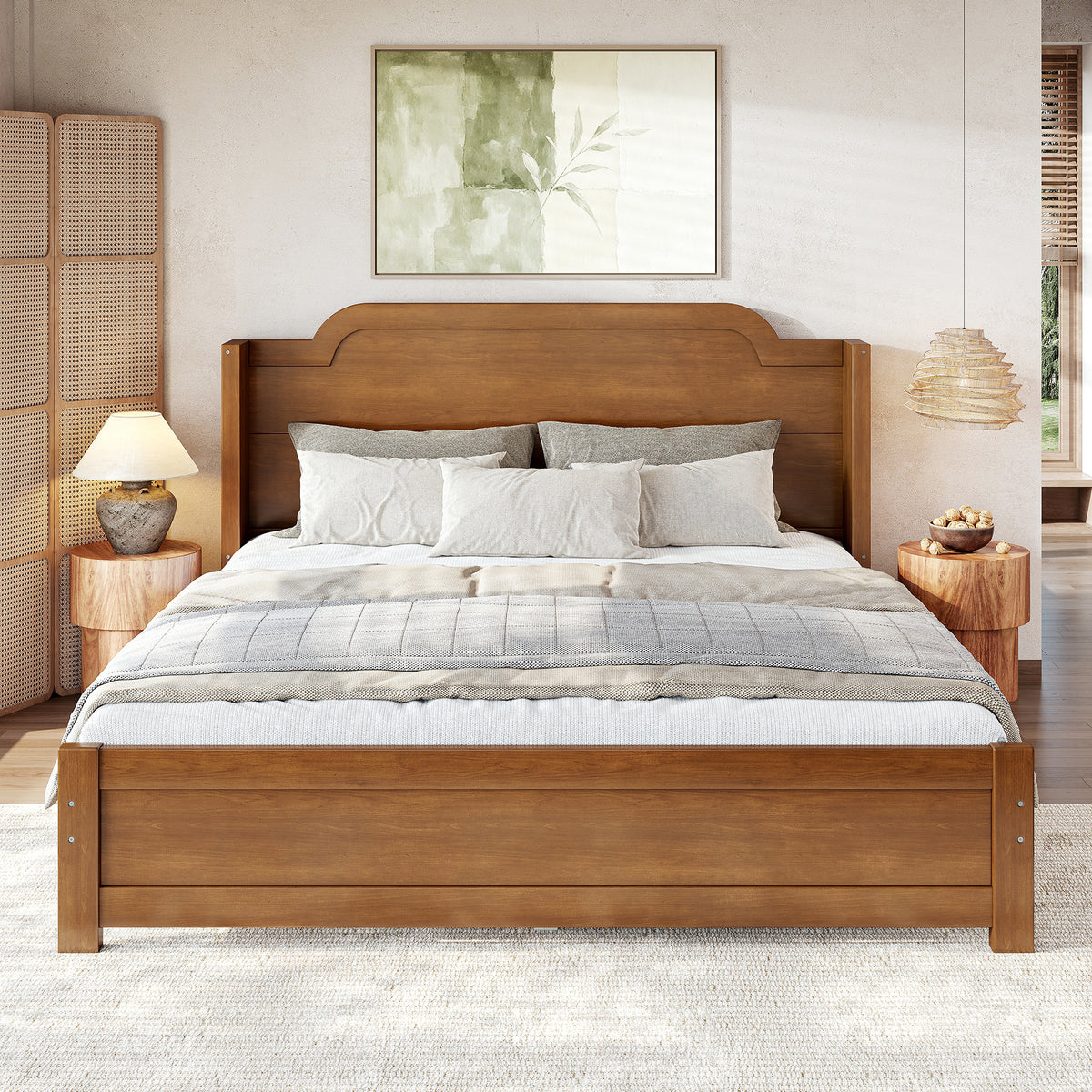 Queen Solid Wood Platform Bed with Headboard Brown Finish & Minimalist Design, Easy Assembly, No Box Spring Needed Traditional Wood Bed Frame.Brown