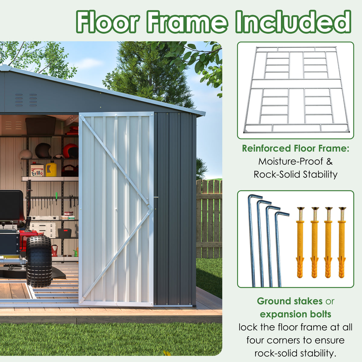 11x13 FT Metal Storage Shed with Reinforced Floor Frame Large 140.5 ft² Outdoor Garden Tool House Lockable Doors & 4 Air Vents Weatherproof