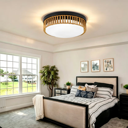 11.81" LED Flush Mount Ceiling Light, 14W 5CCT Selectable, Black & Wood Grain Metal Frame, Acrylic Shade