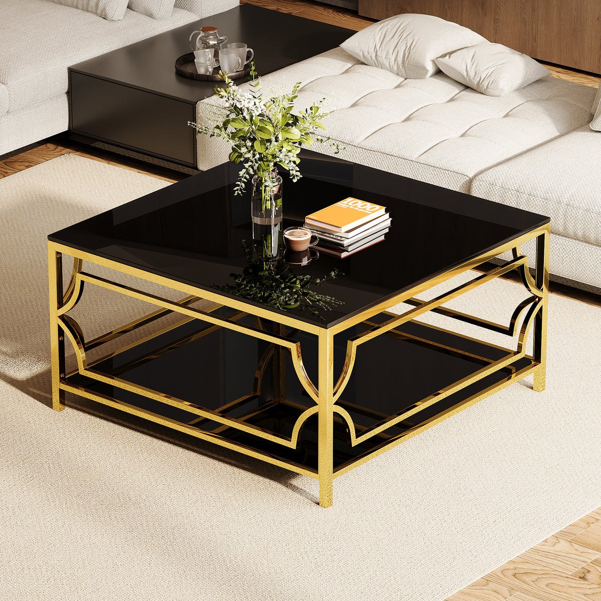 Square Glass Coffee Table in 33.5", Luxurious Geometric Metal Frame, Gold Finish & Lower Shelf