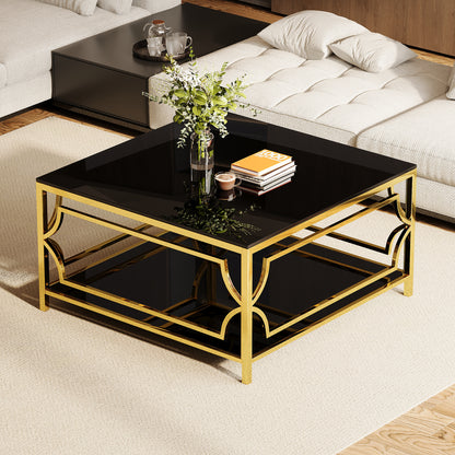Square Glass Coffee Table in 33.5", Luxurious Geometric Metal Frame, Gold Finish & Lower Shelf