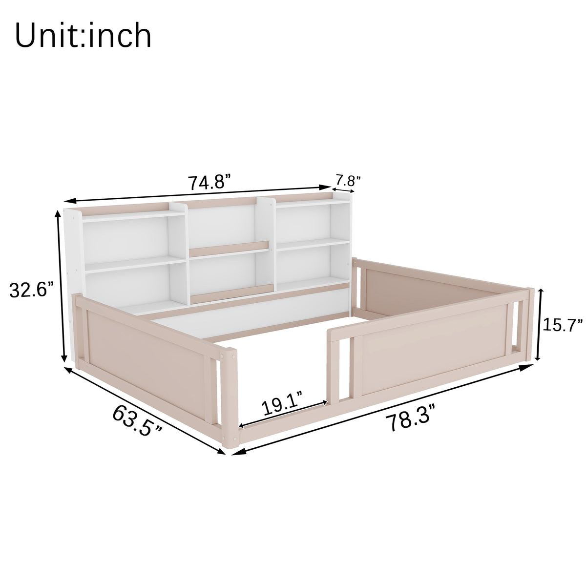 Full Size Wooden Platform Floor Bed with Guardrail Fence and Convenient Side Storage Shelves, Space-Saving Kids Bed Frame,Nude and White