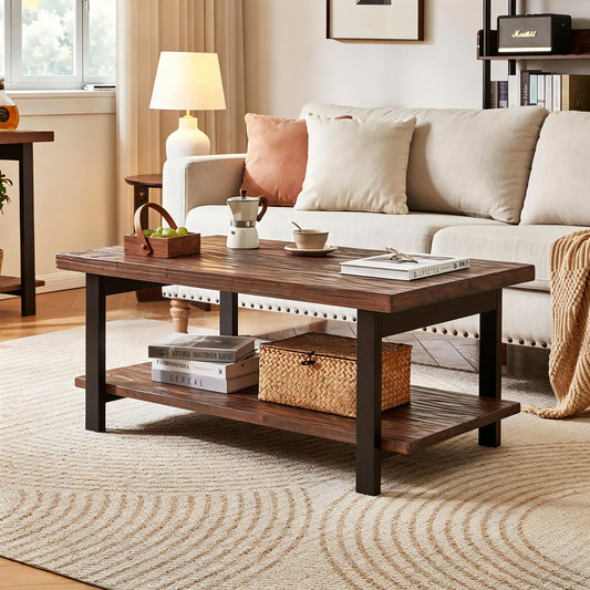 100% All‑Solid‑Wood Farmhouse Rustic Rectangle Coffee Table, Living Room Coffee Table with Open Storage Shelf, Heavy‑Duty Home Furniture