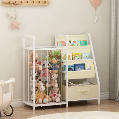 Kids Bookshelf and Toy Storage Organizer, Dual-Sided Children Bookshelf with Figure Display Storage and Book Sling Pockets, Toy Organizer for Playroom, Bedroom and Nursery