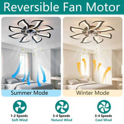 Black Flower Modern Ceiling Fan with LED Dimmable Light, 32inch Flush Mount Ceiling Fan with Remote Control for Bedroom, High-Efficiency DC Motor, 6-Speeds, Timing Function