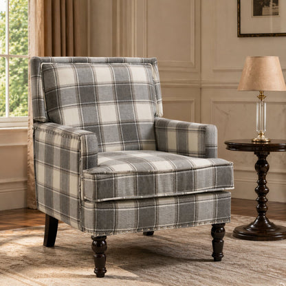 Upholstered Accent Chair, Vintage Armchair with Grey Linen Fabric and Nailhead Trim for Living Room