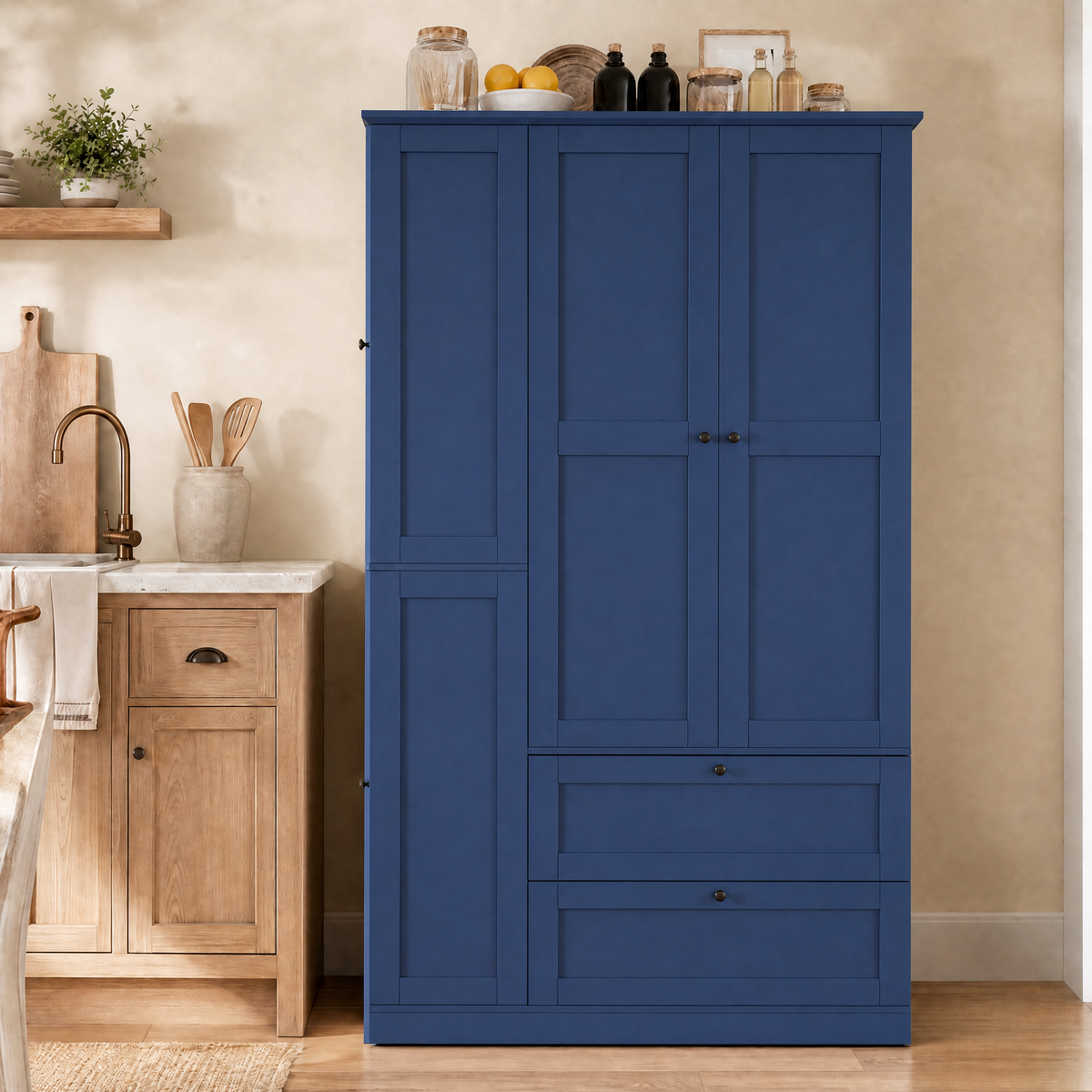 TOPMAX 73.6" Tall Farmhouse Kitchen Pantry Cabinet with 8 Shelves, 2 Drawers, 3 Pull-Out Trays, 4 Doors and Side Cabinets, Blue