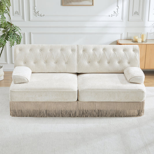 Soft Velvet Fabric Chesterfield Style Sofa, Button Tufted Design, Floor-grazing Tassel Fringe Skirt, Easy to Assemble, Free Combination