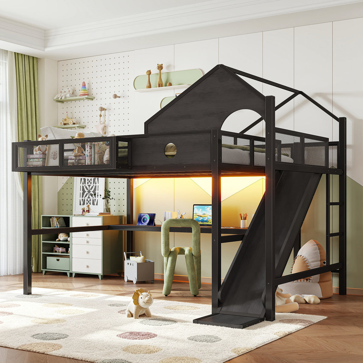 Queen Size Multifunctional Loft Bed with Slide, Desk,and Storage Shelves, Metal Loft Bed Frame With USB Ports And Led Lights, Triangular Geometry House Design, Black