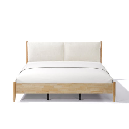 King Natural wood  Bed Frame with White Cozy Upholstered Headboard
