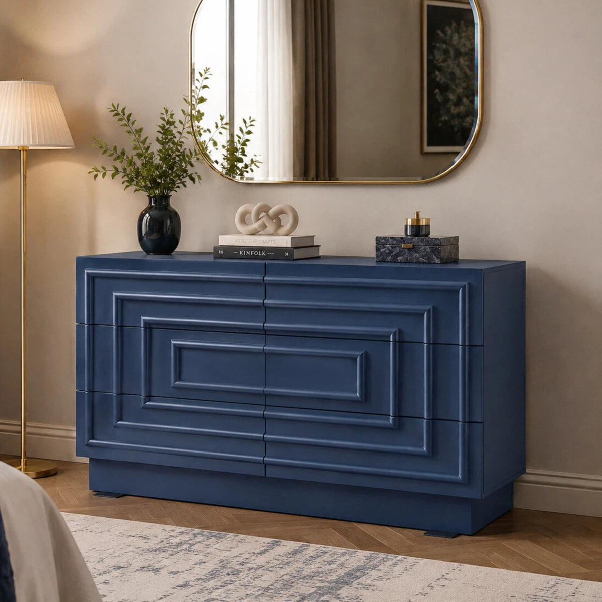Mid Century 6-Drawer Dresser for Bedroom, 57.2" Wide Modern Push-to-Open Chest of Drawers, TV Stand for Living Room, Thickened Base,Vanity Desk, Drawers Organizer Furniture, Hallway,Deep Sea Blue