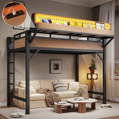 Twin XL size Loft Bed Frame with Storage Shelves and Pegboard, Metal Loft Bed with USB Ports and LED Lights, Safe and Sturdy, Natural