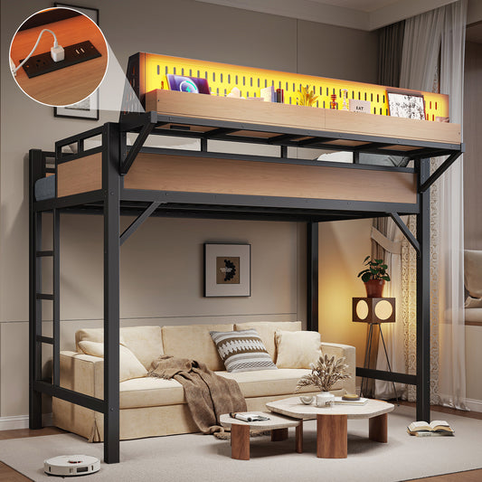 Twin XL size Loft Bed Frame with Storage Shelves and Pegboard, Metal Loft Bed with USB Ports and LED Lights, Safe and Sturdy, Natural