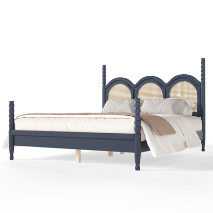 Queen Size Platform Bed with Arched Woven Headboard, Four Poster Stylish Wooden Bed Frame, Elegant Curved Headboard Bed Frame For Bedroom,Blue