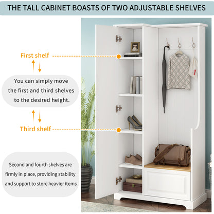 Stylish Design Hall Tree with Flip-Up Bench, Minimalist Hallway Shoe Cabinet with Adjustable Shelves, Multifunctional Furniture with Hanging Hooks for Entryways, Mudroom, White (OLD SKU: WF304223AAK)