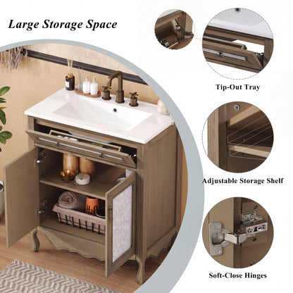 30' Antique Pattern Bathroom Vanity with Rectangle Ceramic Sink, Bathroom Vanity Cabinet with Tip-Out Tray / Flip-Out Drawer, Equipped with Antique Handles and Rubber Wood legs, Vintage Light Brown