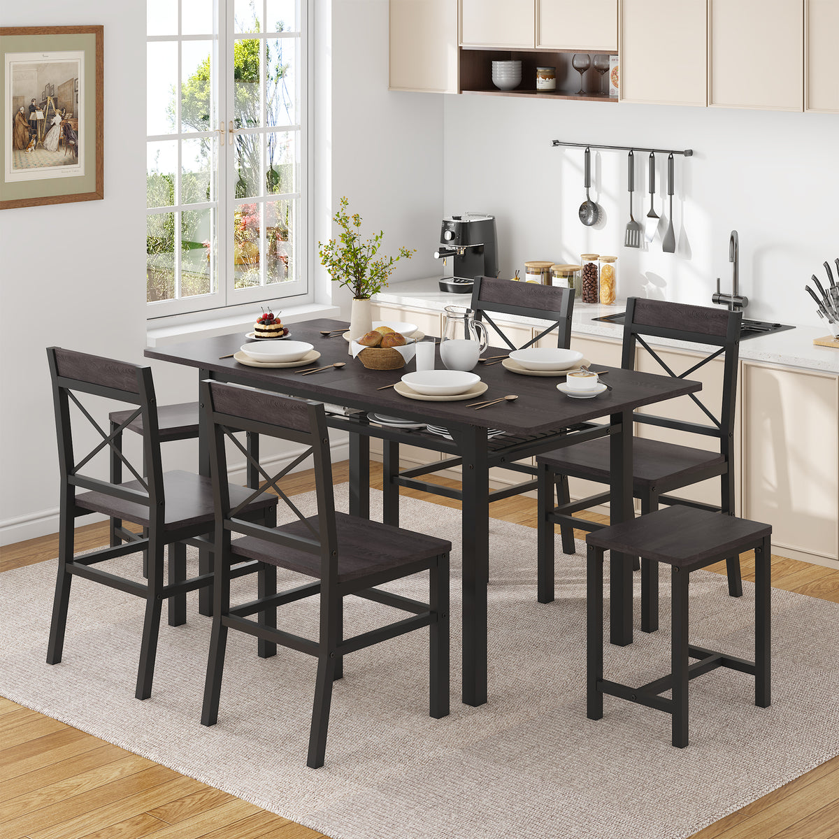 Dining Table Set for 6 with Storage Chairs, Wooden Kitchen Table Set, Farmhouse 5-Piece Dining Room Furniture, Compact Dinette Set for Small Space, Breakfast Nook, Apartment