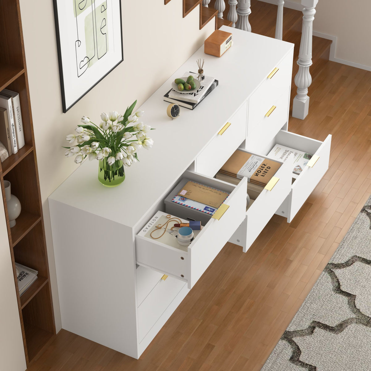 White 9 Drawer Dresser, 63" Large Deep Chest of Drawers, Wooden Dresser Storage Cabinet with 9 Drawers, Long Dressers – Model W409S00015