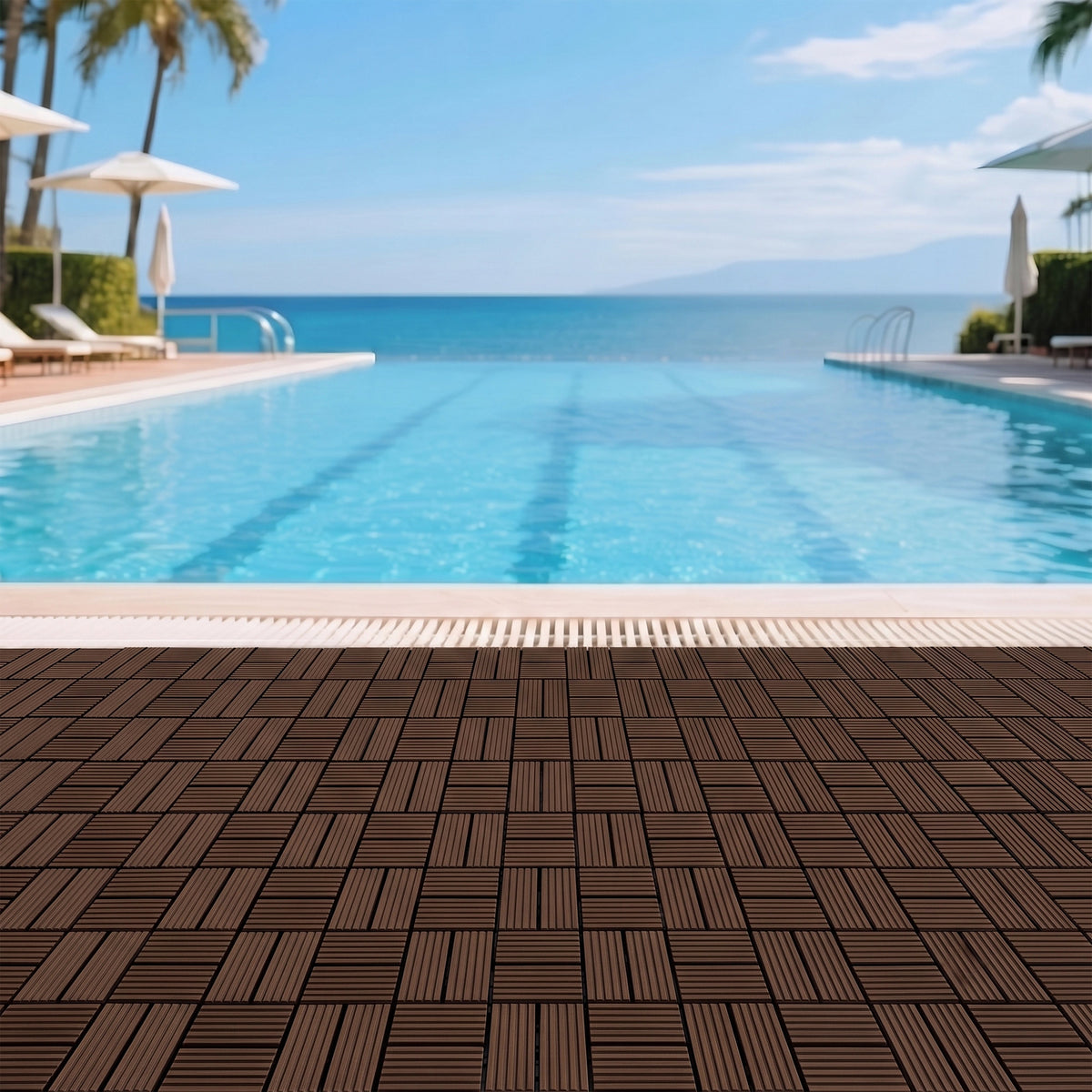 Interlocking WPC Deck Tiles 11.8"x11.8", Wood Plastic Composite Patio Floor Tiles, Waterproof Drainage Outdoor Flooring for Balcony, Backyard, Poolside, 25 Pack,-8 panel,(dark brown)