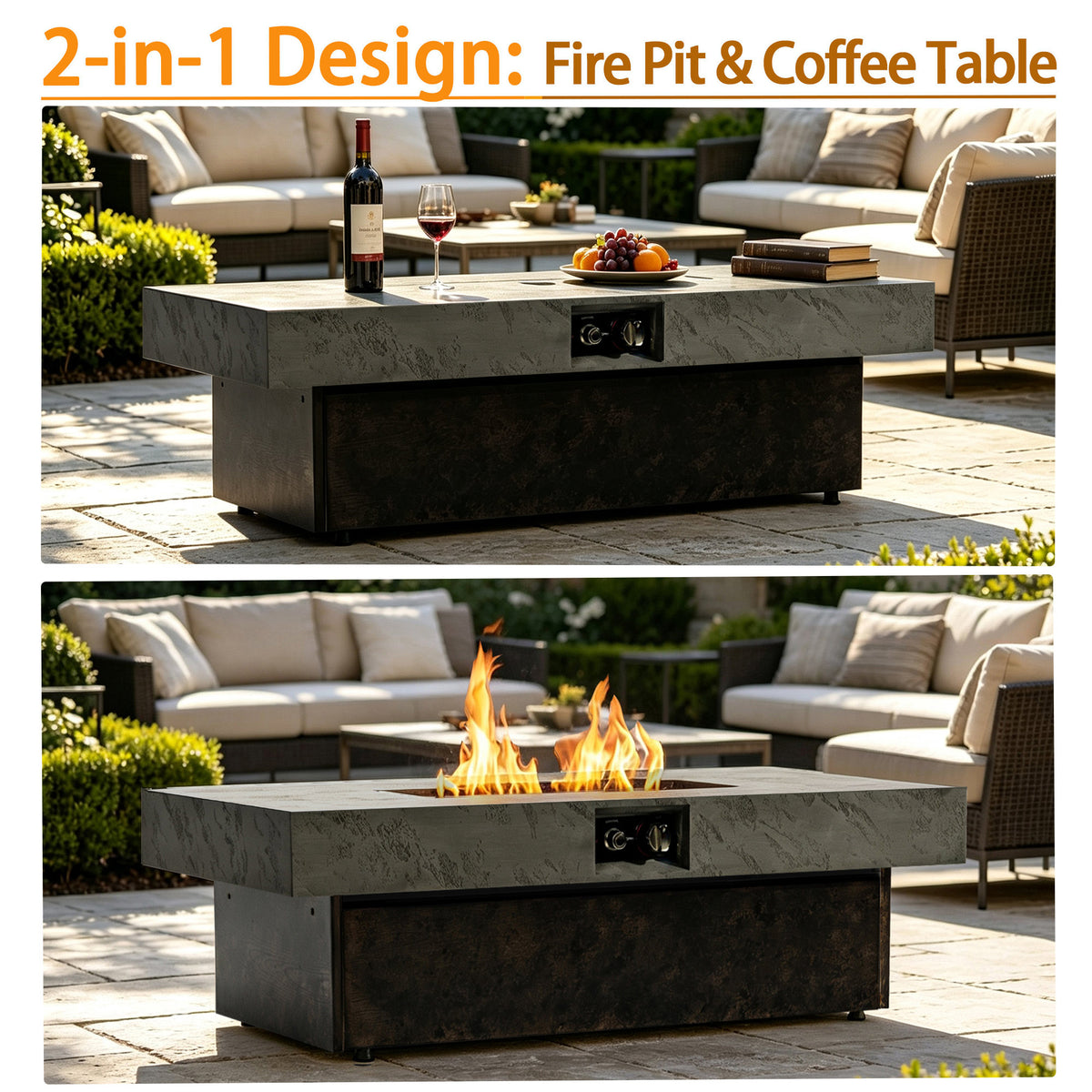 50000 BTU Rectangle Fire Pit Table, Smokeless Propane Outdoor Firepit Table with Convertible Coffee Table Design, Dual Height Adjustable Weather Resistant Patio Fire Furniture