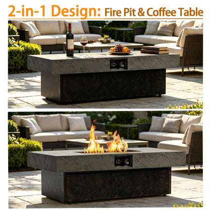 50000 BTU Rectangle Fire Pit Table, Smokeless Propane Outdoor Firepit Table with Convertible Coffee Table Design, Dual Height Adjustable Weather Resistant Patio Fire Furniture