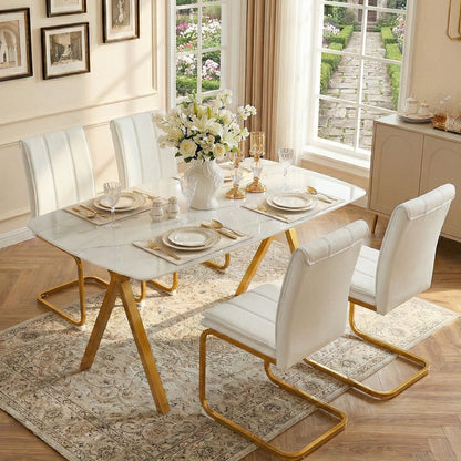 Rectangular dining table featuring a tempered glass tabletop with a marble-patterned design and golden metal legs, ideal for restaurant dining settings.