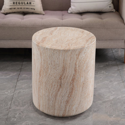 Tall Cylindrical Accent Coffee Table, MgO Faux Travertine Round Coffee Table, Indoor & Outdoor Decorative Table for Home Patio Yard, Dia 15.94" x H 18.31"