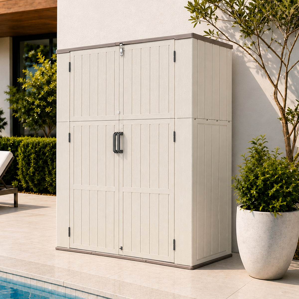 56.3' x 26.38' x 69.6' Double Layer Outdoor Storage Box, Weatherproof Resin Deck Box with Wall Securing Design, Waterproof & UV Resistant – For Patio, Garden, Pool, BBQ