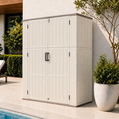 56.3' x 26.38' x 69.6' Double Layer Outdoor Storage Box, Weatherproof Resin Deck Box with Wall Securing Design, Waterproof & UV Resistant – For Patio, Garden, Pool, BBQ