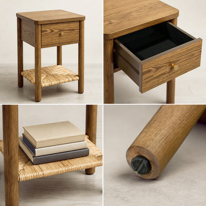 Walnut Ainsley Nightstand Side End Table with Rounded Edge Tabletop, Solid Wood Round Legs, Woven Jute Storage Shelf & Drawer, for Bedroom Living Room