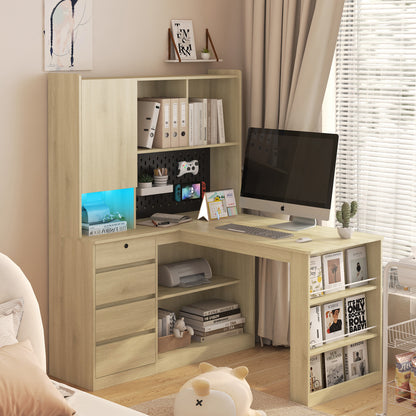 L Shaped Desk with Charger,Computer Desk with Drawers,Bookshelf,with LED Light,Modern Corner Desk,Home Office Desk,L-Shaped Study Table Writing Desk,Corner Gaming Computer Desk with Storage