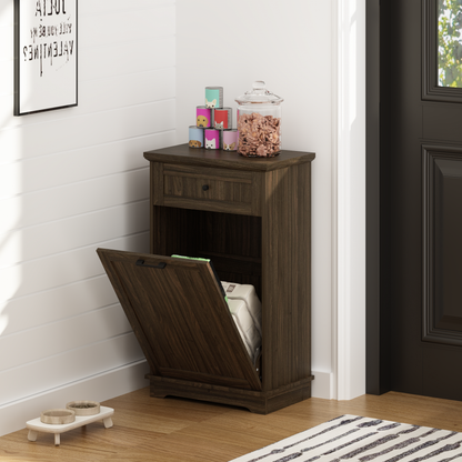 10 Gallon Tilt Out Trash Cabinet Freestanding Trash Bin Cabinet Wood Garbage Recycling Cabinet with Hideaway Drawer Pet Proof Trash Can Holder for Kitchen Living Room, Antique Brown (not include can)
