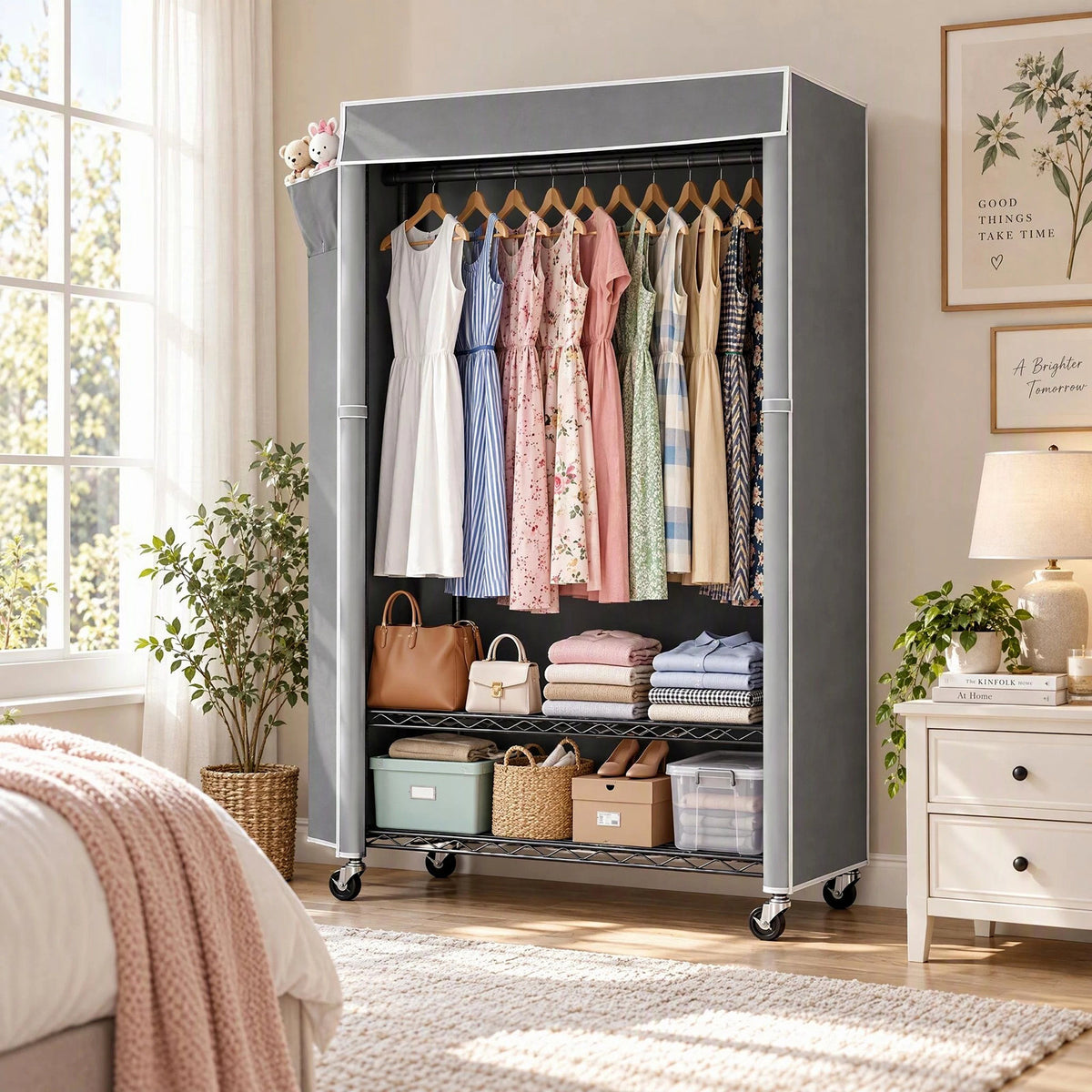 Clothes Rack with Cover, Rolling Clothes Rack, Heavy Duty Garment Rack with Shelves & Grey Cover, Clothes Rack with Side Pocket, Portable Closets for Hanging Clothes, 45''W×15.7''D×72.83''H, Black
