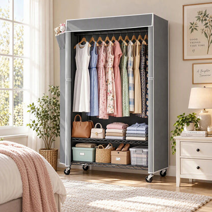 Clothes Rack with Cover, Rolling Clothes Rack, Heavy Duty Garment Rack with Shelves & Grey Cover, Clothes Rack with Side Pocket, Portable Closets for Hanging Clothes, 45''W×15.7''D×72.83''H, Black