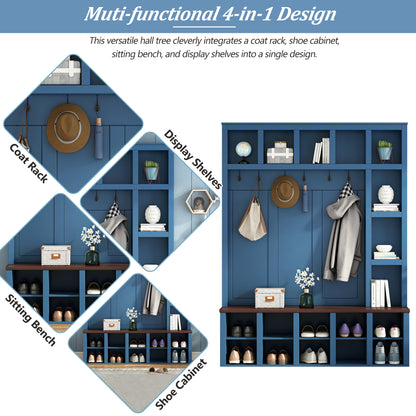 Farmhouse Wooden Hall Tree with 6 Hooks, Walnut Storage Bench with Adjustable Shelves, 4-in-1 Entryway Shoe Cabinet with Cubbies for Mudroom, Living Room, Blue (New Color of N721S000044K-1/B-1)