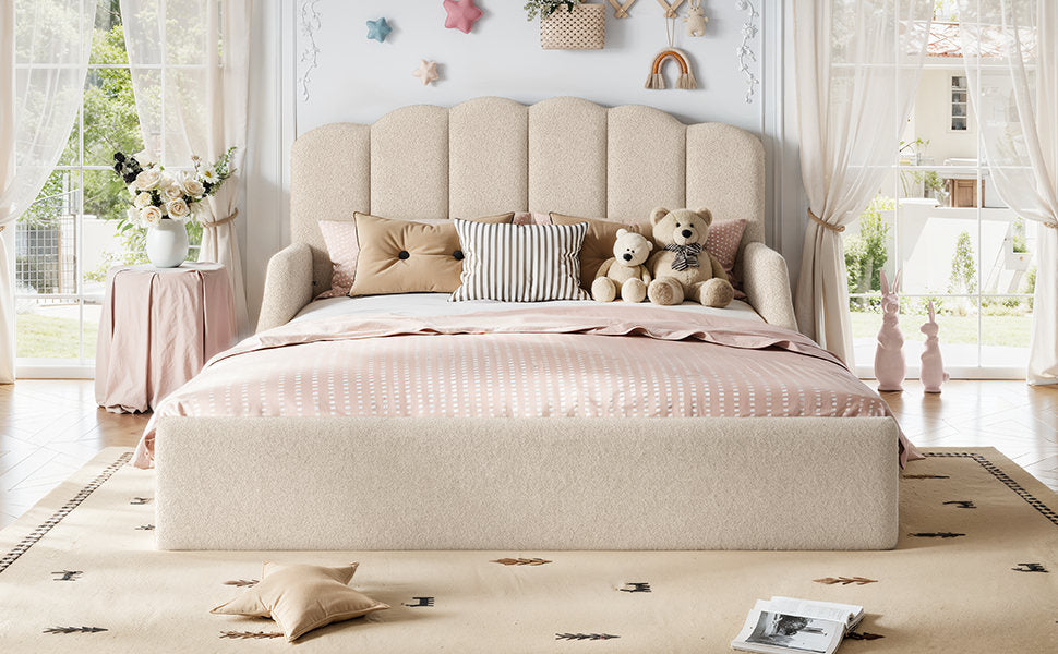 Queen Teddy Fabric Upholstered Floor bed, Stylish Upholstered Kids bed, Low Profile Children Bed Frame, Soft Plush Upholstered Floor bed for Kids &Teens.Beige