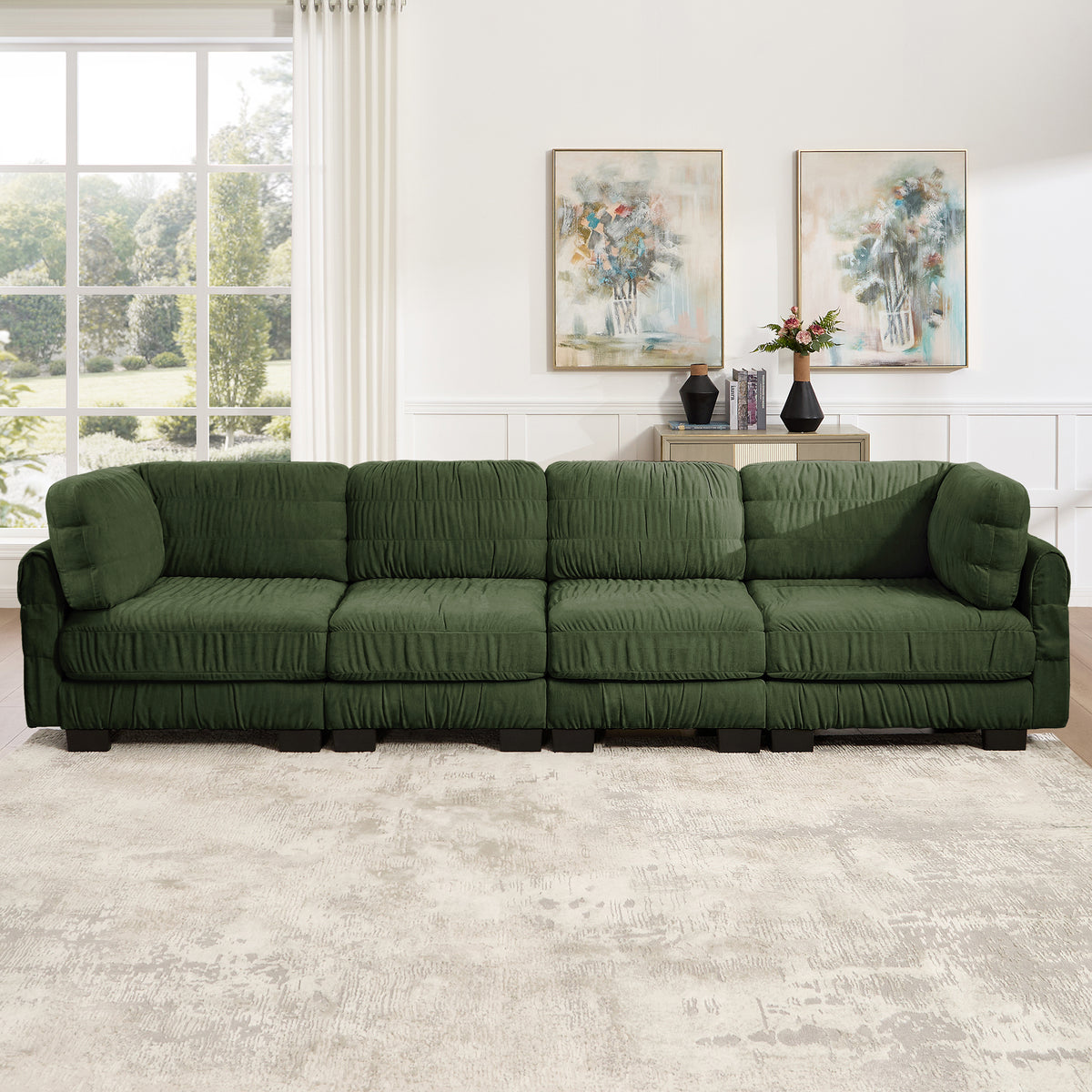 4 Seat Ruched Detailing Chenille Modular Sectional Sofa,High-Density Foam,L Shape Thickened  Back Cushions,Easy Assembly,For Living Room,Bedroom,Green