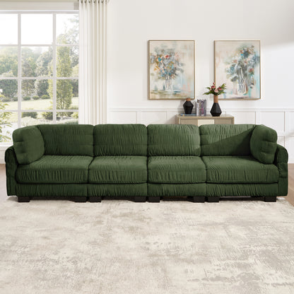 4 Seat Ruched Detailing Chenille Modular Sectional Sofa,High-Density Foam,L Shape Thickened  Back Cushions,Easy Assembly,For Living Room,Bedroom,Green