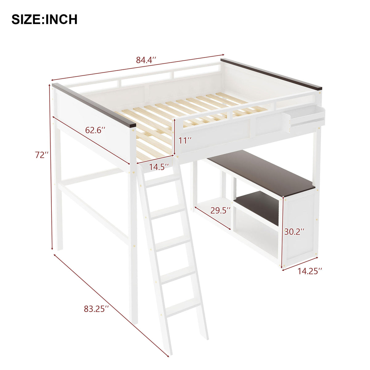 White Queen Size Loft Bed with Desk, Open Shelf, Storage Box and USB Charging Station, Pine+MDF