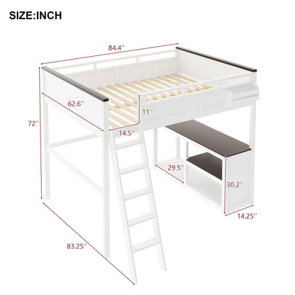 White Queen Size Loft Bed with Desk, Open Shelf, Storage Box and USB Charging Station, Pine+MDF