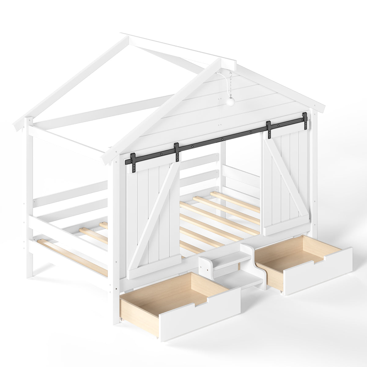 Twin Size Farmhouse Bed with Sliding Barn Door and Light Bulb, Wood house Bed Frame with Stair and Drawers, White