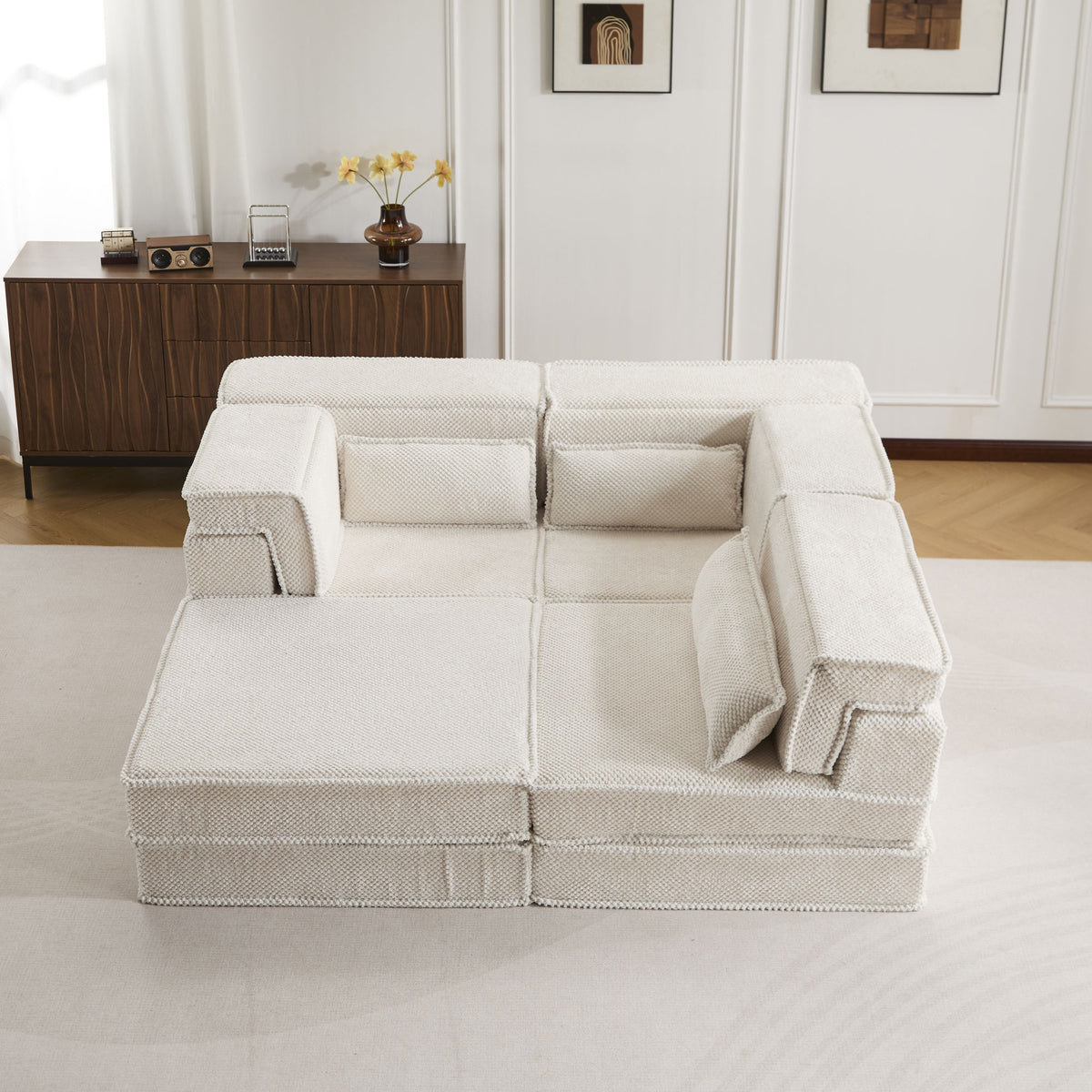 Compression Mahjong Sofa, Convertible Floor Sofa Bed, DIY Boneless Modular Sectional Sofa, No Assembly Required, Circle fleece fabric – Model W3723S00023