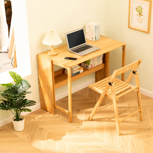 Bamboo Folding Desk, Space-Saving Computer Desk for Small Spaces, Foldable Study Table for Bedroom, Home Office, Dorm, Apartment, Natural Color