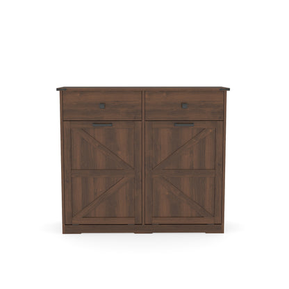 Farmhouse Double Tilt Out Trash Cabinet for 20 Gallon Trash Cans, Free Standing Recycling Cabinet with Hideaway Drawer, Barn Door Style Laundry Sorter Cabinet, Tilt Out Trash Cabinet for Kitchen