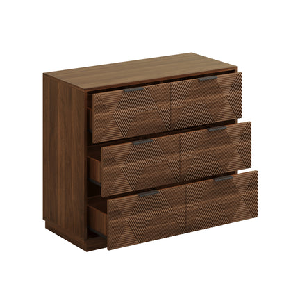 Modern Walnut Dresser with 6 Drawers, Mid Century 3D Geometric Wood Chest of Drawers, Large Storage Cabinet for Bedroom, Living Room & Entryway