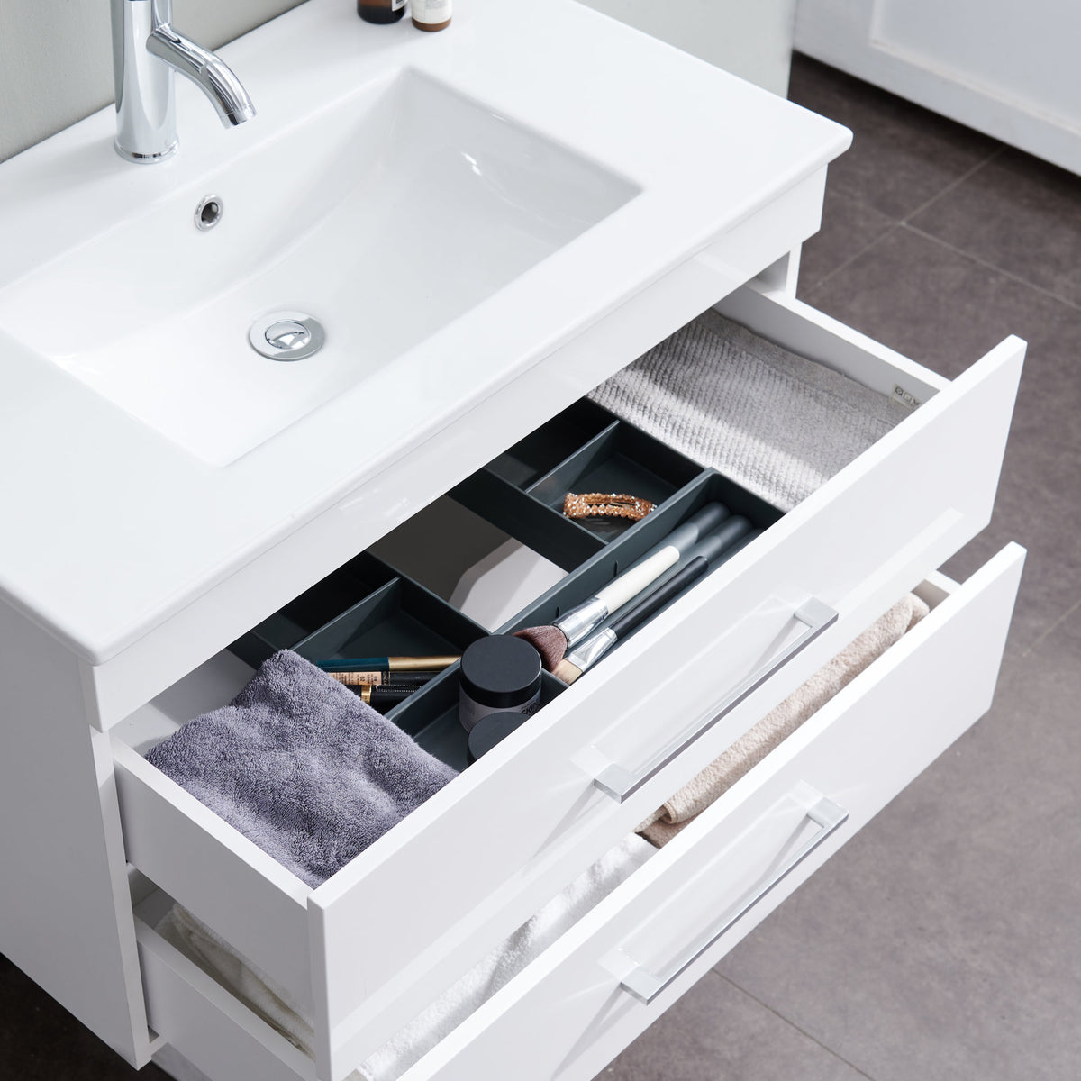 32-Inch White Gloss Wall-Mounted Bathroom Vanity with Double Drawers, Soft-Close System,Ceramic Sink, Create a Modern and Minimalist Bathroom Space!